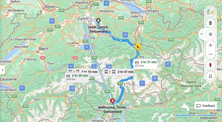 Anreise von Uster Zu Bellinzona Über a3, E43·Toll on route