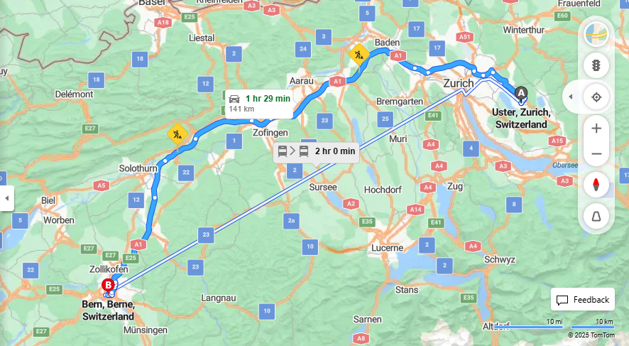 Anreise von Uster Zu Bern Über a1, E25·Toll on route
