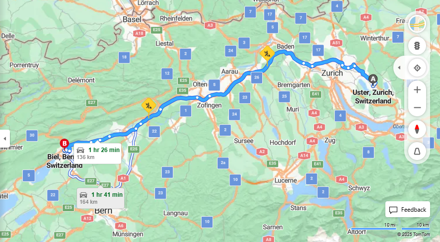 Anreise von Uster Zu Biel/Bienne Über a1, A5·Toll on route