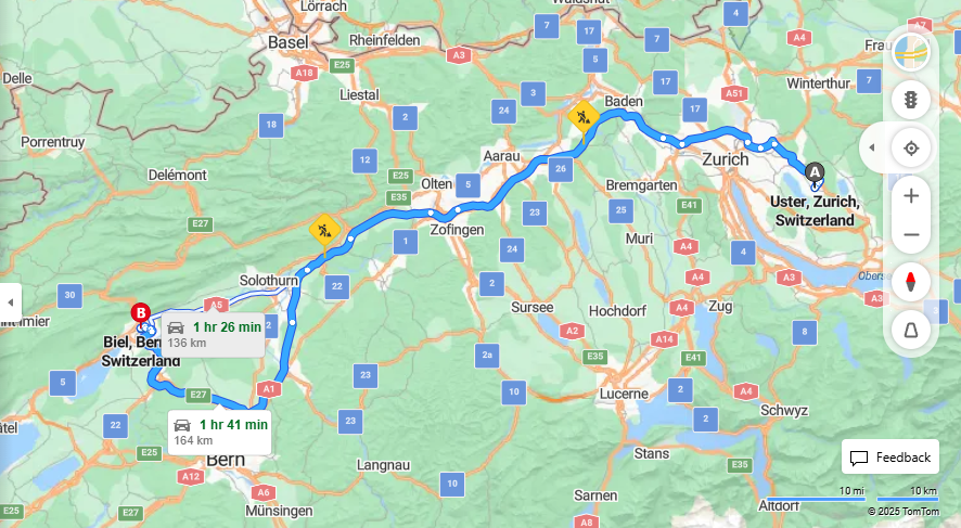 Anreise von Uster Zu Biel/Bienne Über a1, E25·Toll on route