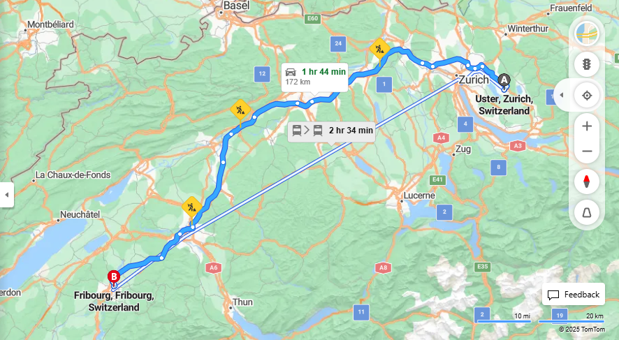 Anreise von Uster Zu Fribourg Über a1, E25·Toll on route