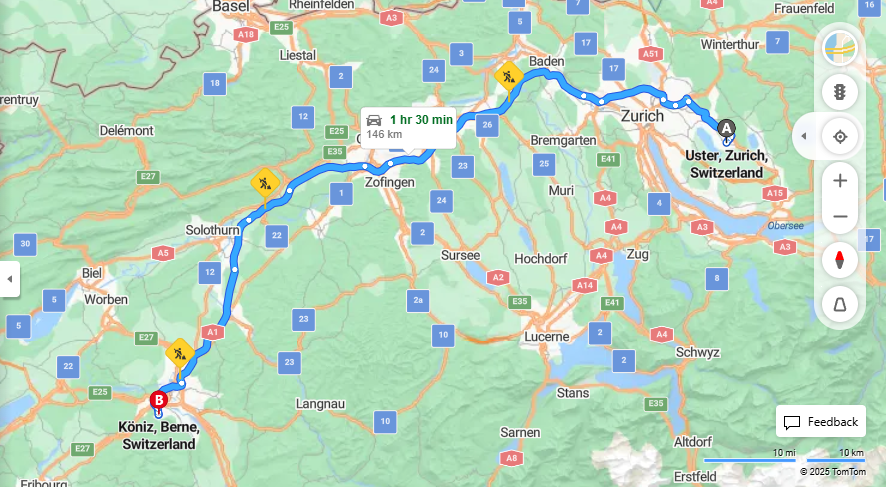 Anreise von Uster Zu Köniz Über a1, E25·Toll on route