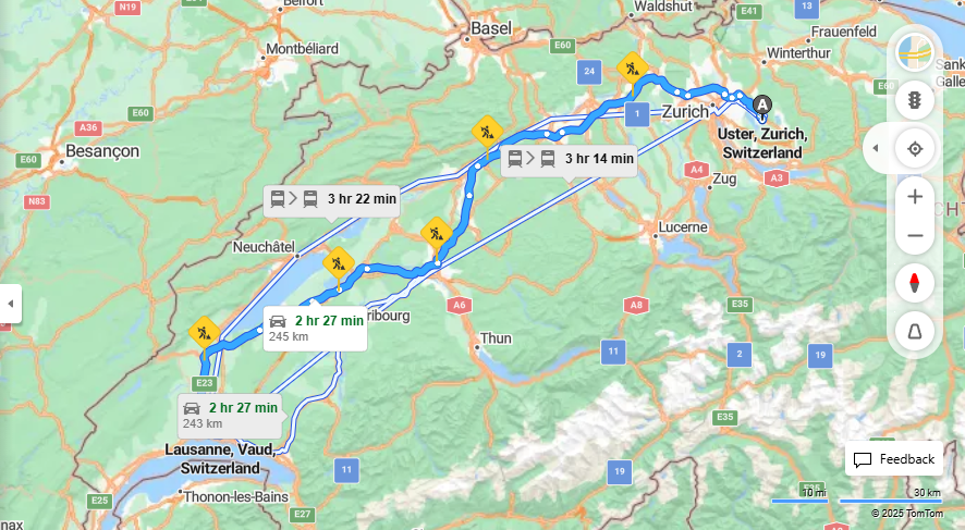 Anreise von Uster Zu Lausanne Über E25, e23·Toll on route