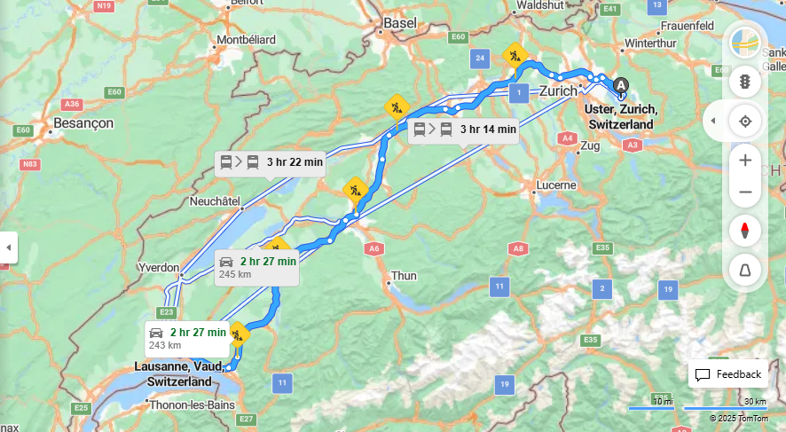 Anreise von Uster Zu Lausanne Über E25, e27·Toll on route