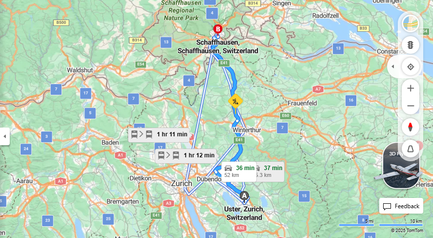 Anreise von Uster Zu Schaffhausen Über a15, E41·Toll on route