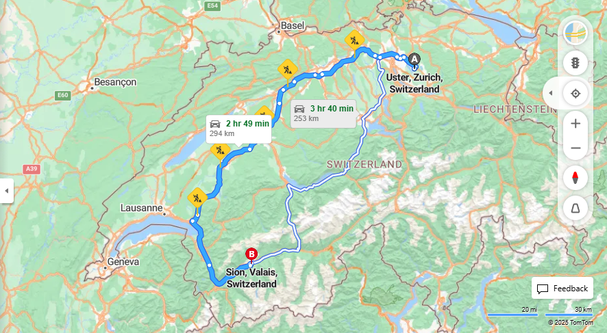 Anreise von Uster Zu Sion Über E25, e27·Toll on route
