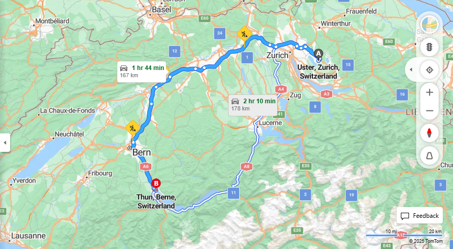 Anreise von Uster Zu Thun Über a1, E25·Toll on route