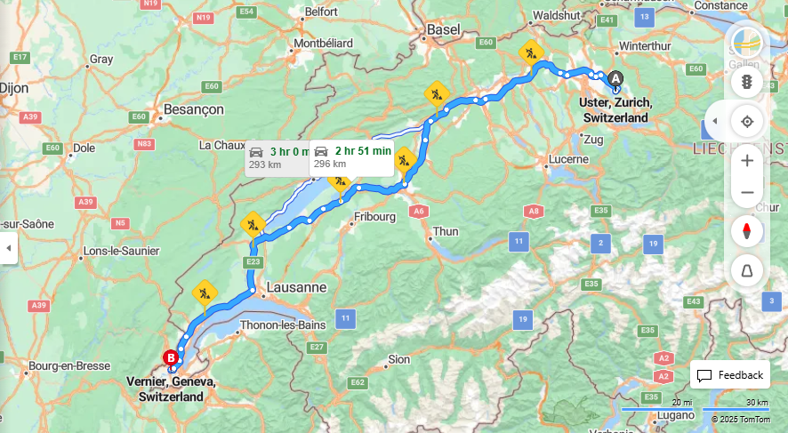 Anreise von Uster Zu Vernier Über a1, E25·Toll on route