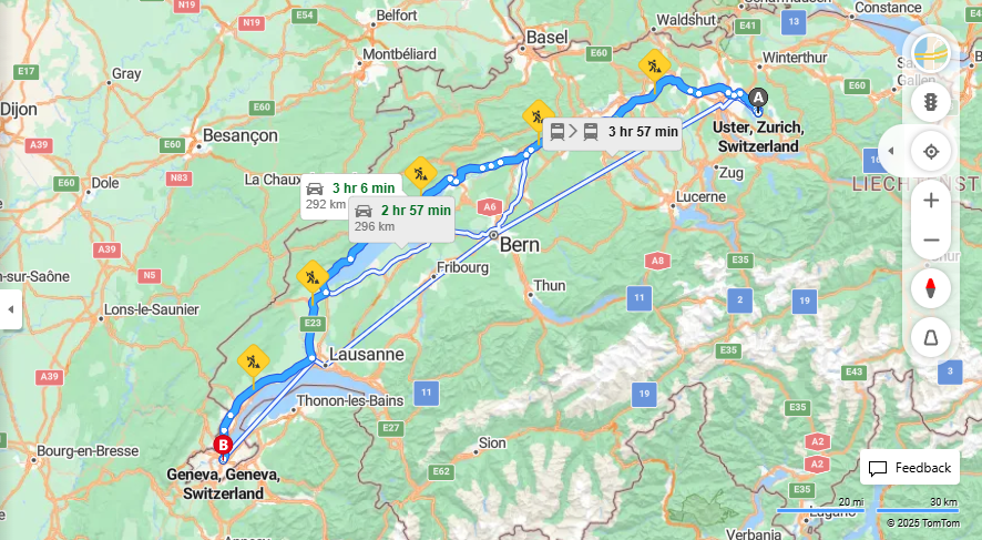 Anreise von Uster Zu Geneva Über E25, A5·Toll on route