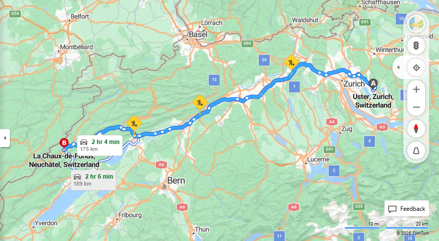 Anreise von Uster Zu La Chaux-de-Fonds Über a1, 30·Toll on route