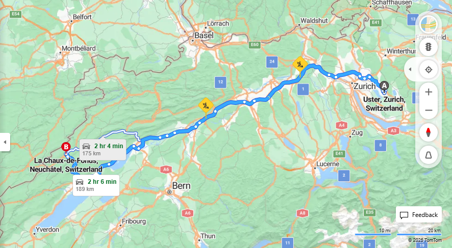 Anreise von Uster Zu La Chaux-de-Fonds Über A5·Toll on route