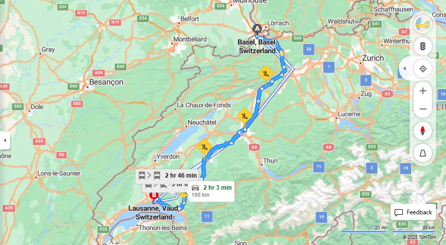 Anreise von Basel Zu Lausanne Über E25, e27·Toll on route