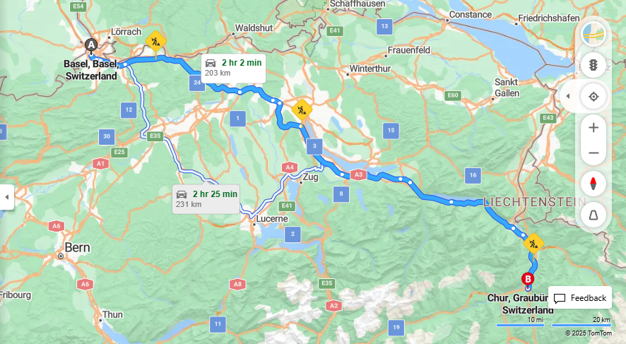 Anreise von Basel Zu Chur Über E60, a3·Toll on route