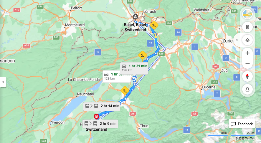 Anreise von Basel Zu Fribourg Über E25, Oberdorfstrasse·Toll on route