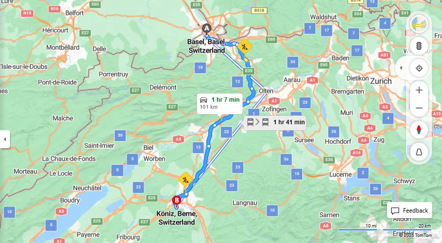 Anreise von Basel Zu Köniz Über E25, E35·Toll on route
