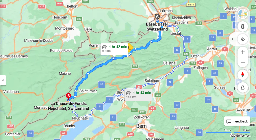 Anreise von Basel Zu La Chaux-de-Fonds Über 18, a18·Toll on route