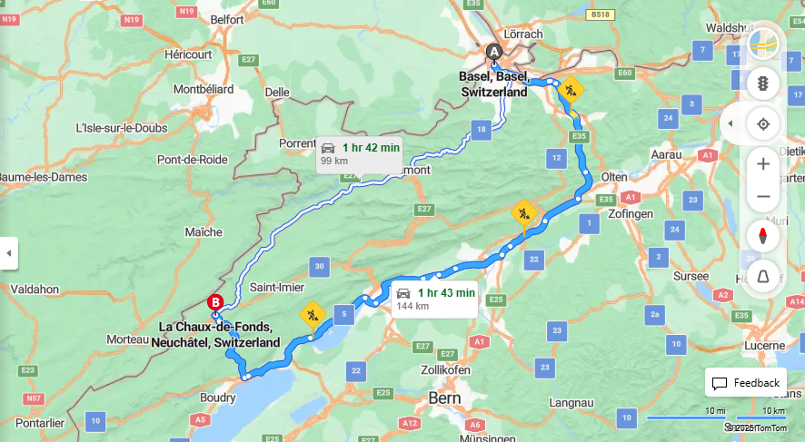 Anreise von Basel Zu La Chaux-de-Fonds Über E25, A5·Toll on route