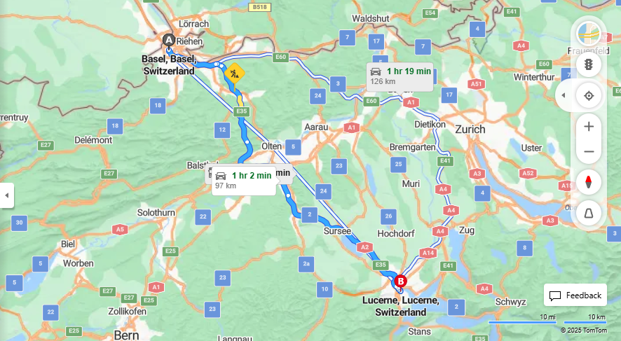 Anreise von Basel Zu Lucerne Über E25, E35·Toll on route