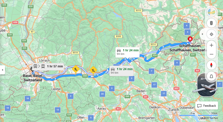 Anreise von Basel Zu Schaffhausen Über E60, E54·Toll on route