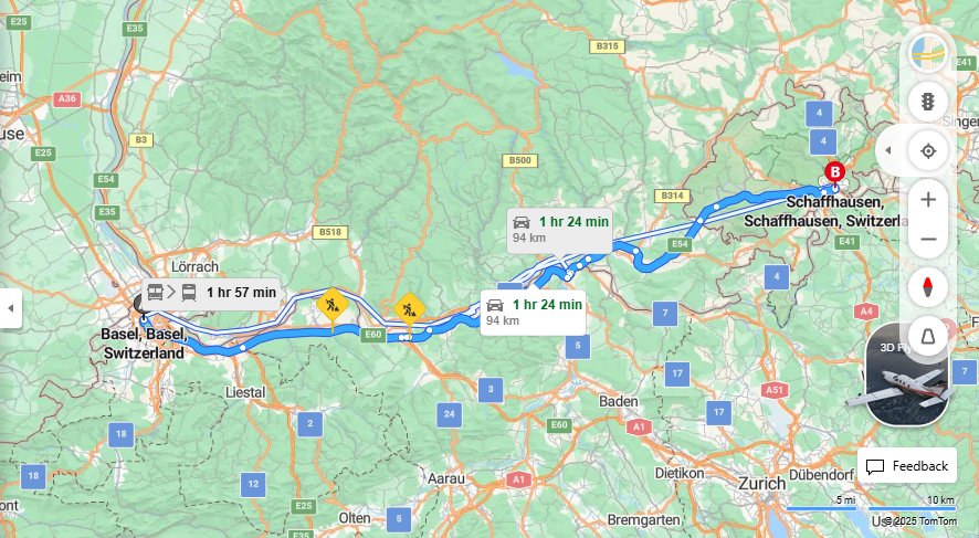 Anreise von Basel Zu Schaffhausen Über Rheinbrückenstraße, E54·Toll on route