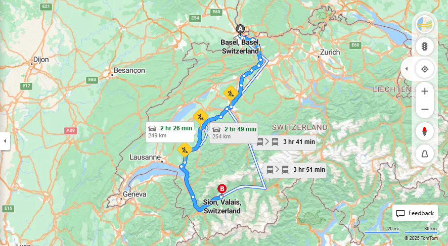 Anreise von Basel Zu Sion Über E25, e27·Toll on route