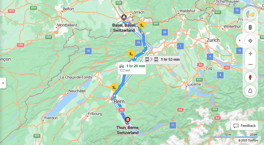 Anreise von Basel Zu Thun Über E25, A6·Toll on route