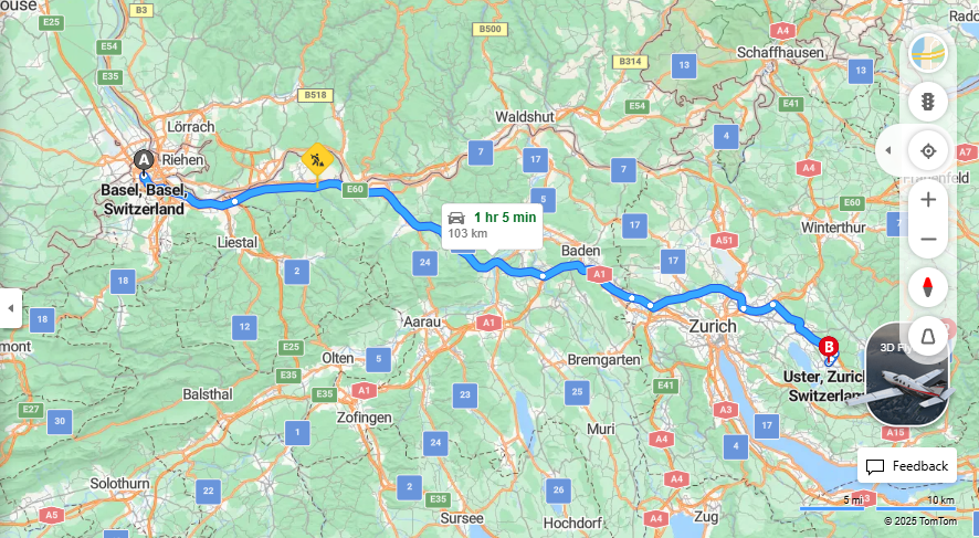 Anreise von Basel Zu Uster Über E60, a15·Toll on route