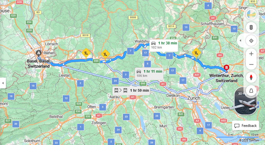 Anreise von Basel Zu Winterthur Über 7·Toll on route