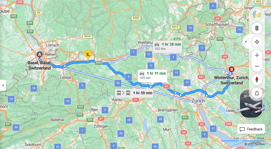 Anreise von Basel Zu Winterthur Über E60, E41·Toll on route