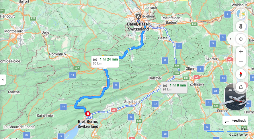 Anreise von Basel Zu Biel/Bienne Über a18, e27·Toll on route