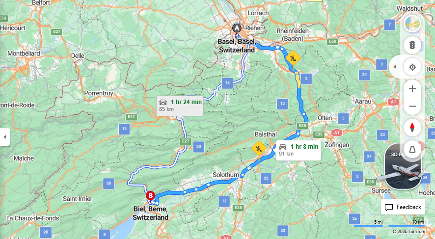 Anreise von Basel Zu Biel/Bienne Über E25, A5·Toll on route