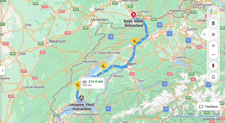 Anreise von Lausanne Zu Basel Über e23, E25·Toll on route