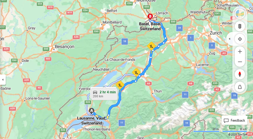 Anreise von Lausanne Zu Basel Über e27, E25·Toll on route
