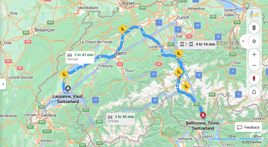Anreise von Lausanne Zu Bellinzona Über E25, E35·Toll on route