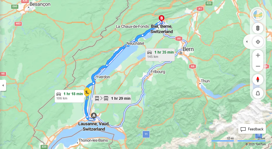 Anreise von Lausanne Zu Biel/Bienne Über E25, A5·Toll on route