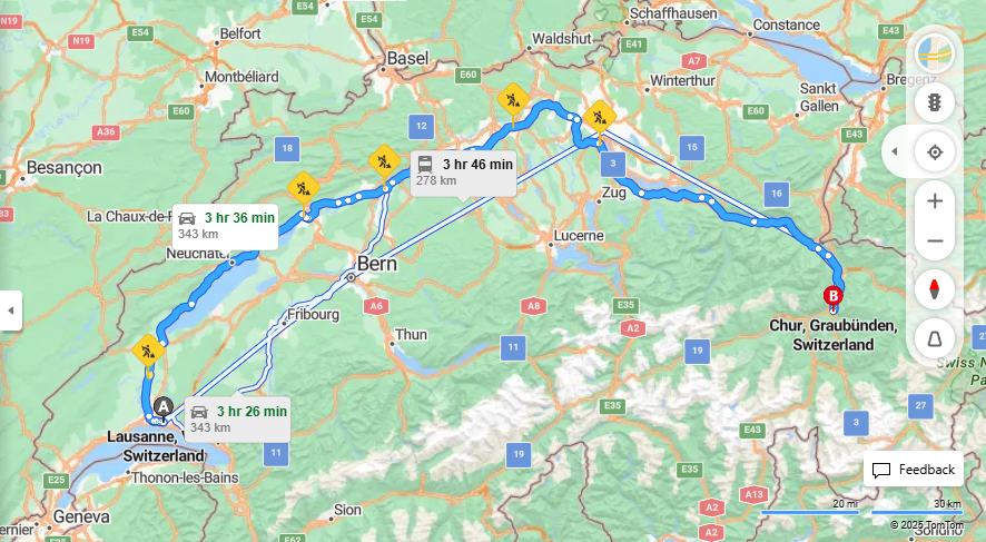 Anreise von Lausanne Zu Chur Über A5, a3·Toll on route