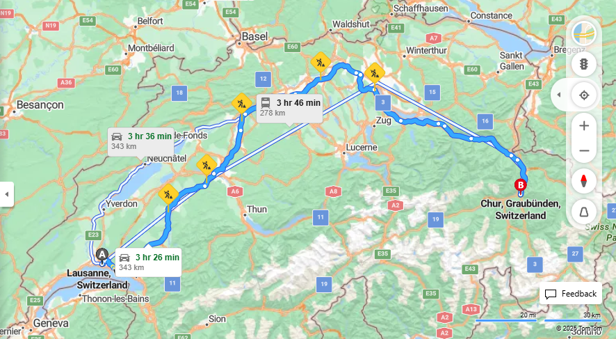Anreise von Lausanne Zu Chur Über e27, a3·Toll on route
