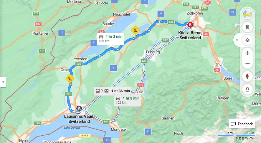Anreise von Lausanne Zu Köniz Über e23, E25·Toll on route