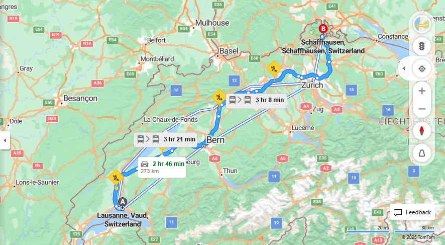Anreise von Lausanne Zu Schaffhausen Über E25, E41·Toll on route