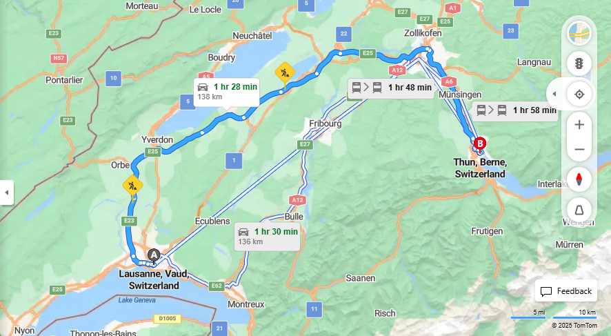 Anreise von Lausanne Zu Thun Über e23, E25·Toll on route