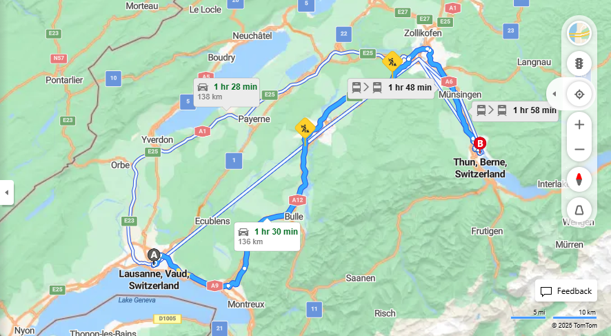 Anreise von Lausanne Zu Thun Über e27, A6·Toll on route