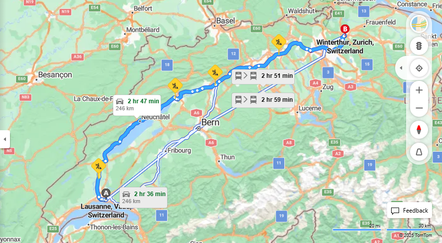 Anreise von Lausanne Zu Winterthur Über A5, a1·Toll on route