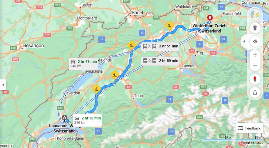 Anreise von Lausanne Zu Winterthur Über e27, E25·Toll on route