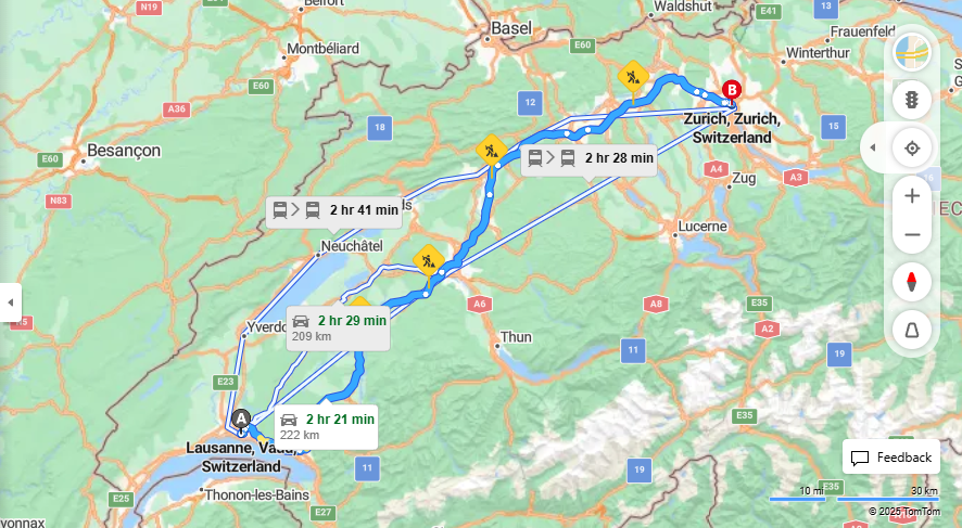 Anreise von Lausanne Zu Zurich Über e27, E25·Toll on route