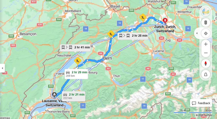 Anreise von Lausanne Zu Zurich Über Rue Caroline, E25·Toll on route