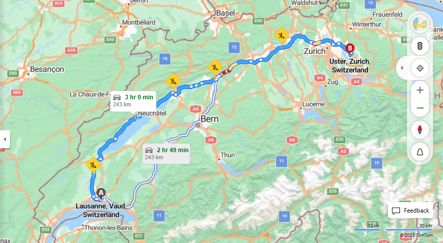 Anreise von Lausanne Zu Uster Über A5, a1·Toll on route