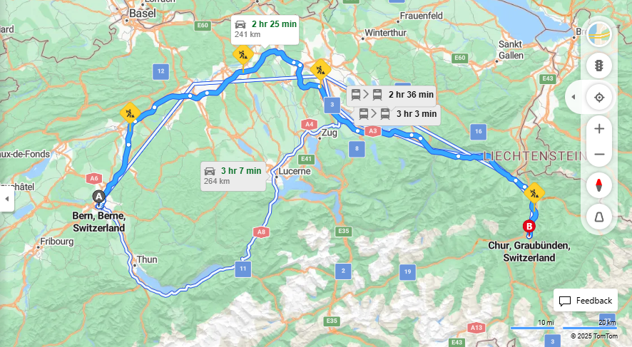 Anreise von Bern Zu Chur Über E25, a3·Toll on route
