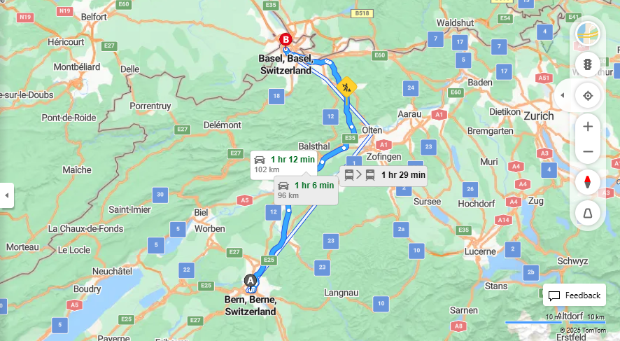 Anreise von Bern Zu Basel Über E25, A5·Toll on route
