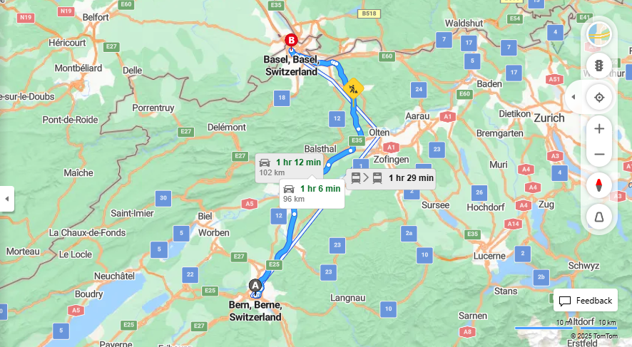 Anreise von Bern Zu Basel Über E25, E35·Toll on route