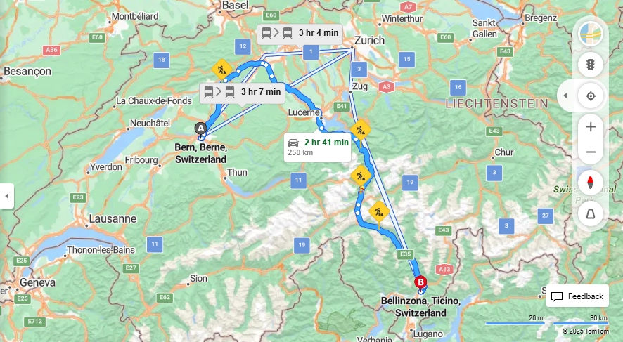 Anreise von Bern Zu Bellinzona Über E25, E35·Toll on route